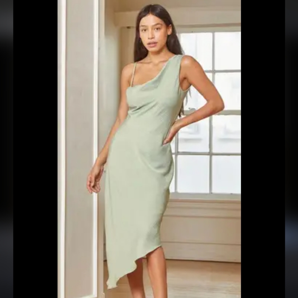 Lulu's Sage Green Asymmetrical One-Shoulder Midi Dress